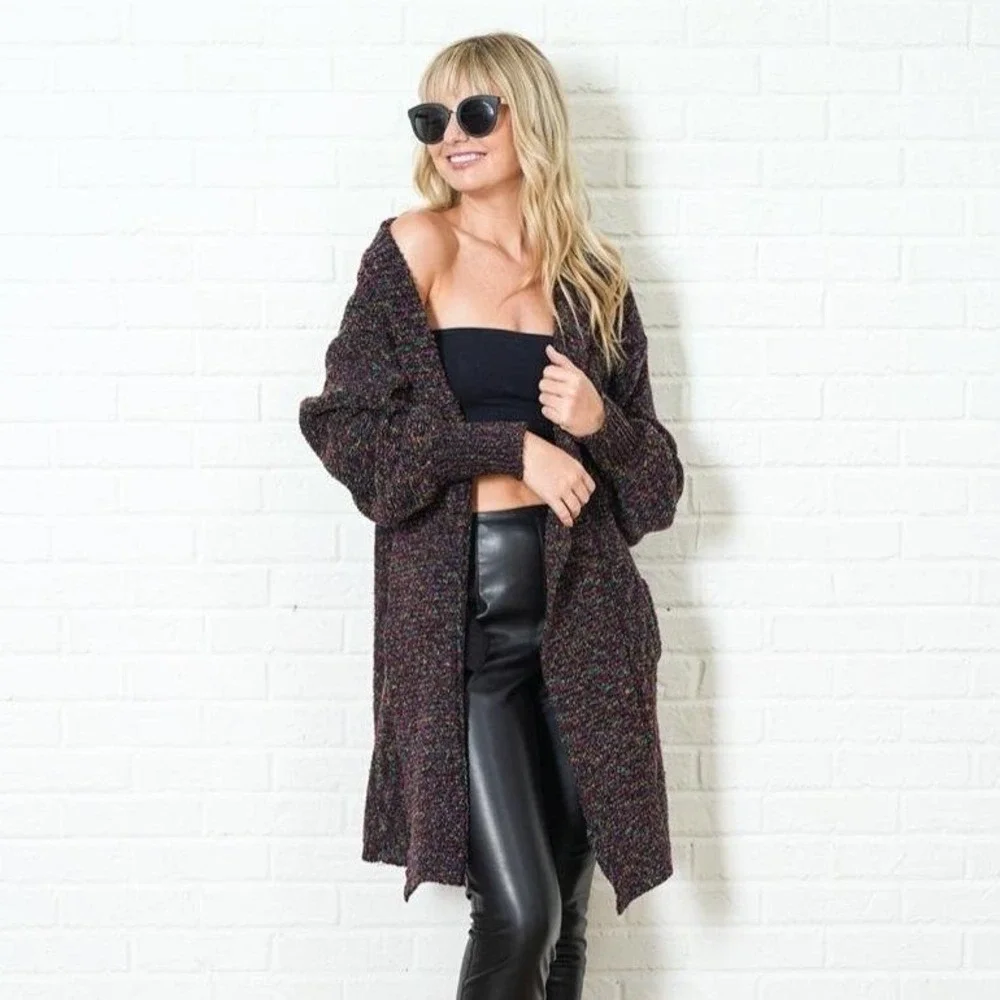 Westbound Vintage 80s Rainbow‎ Confetti Knit Open Cardigan Sweater Coat Black M